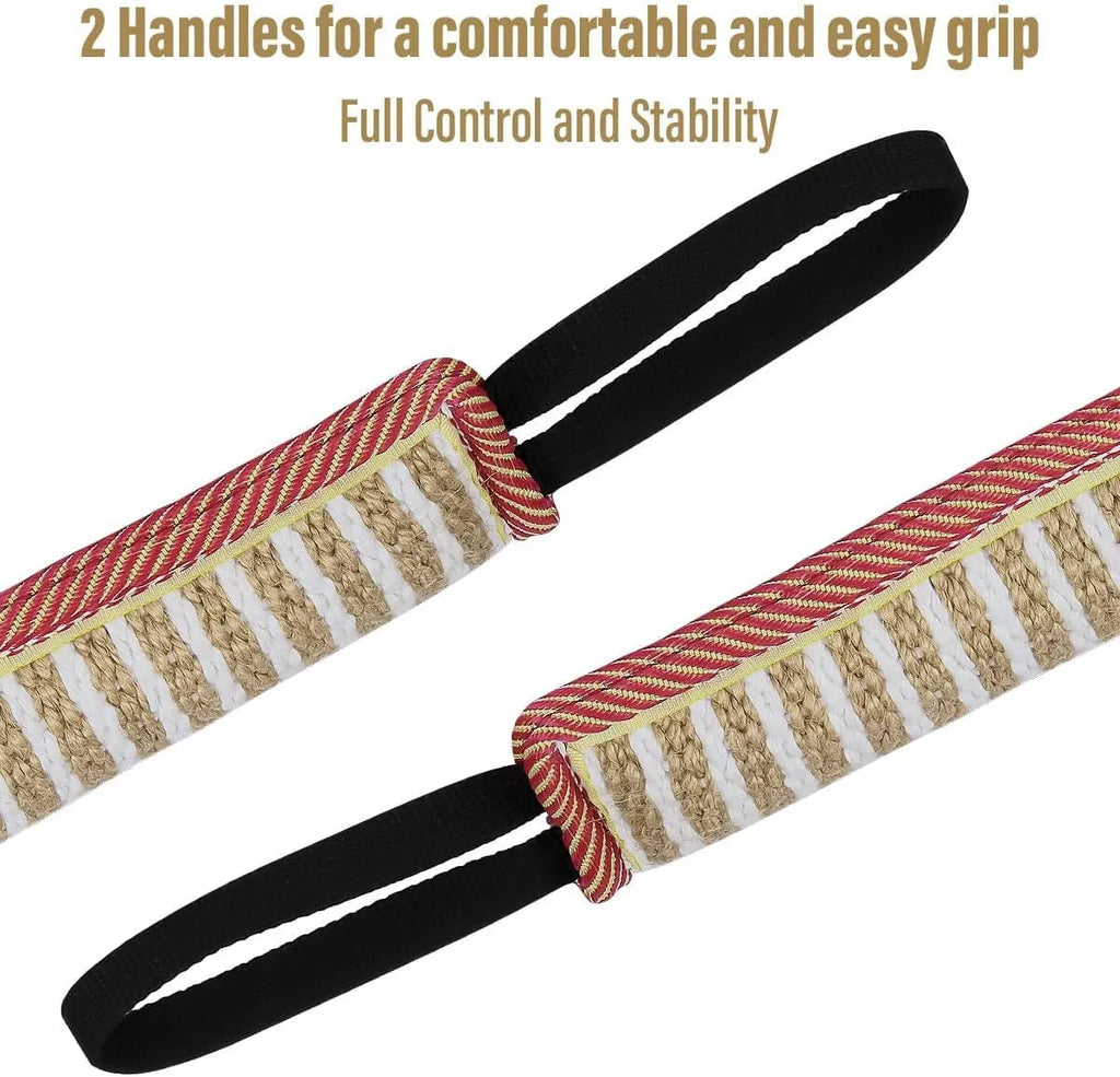 Beige and pink jute dog tug toy with two handles for tug-of-war training