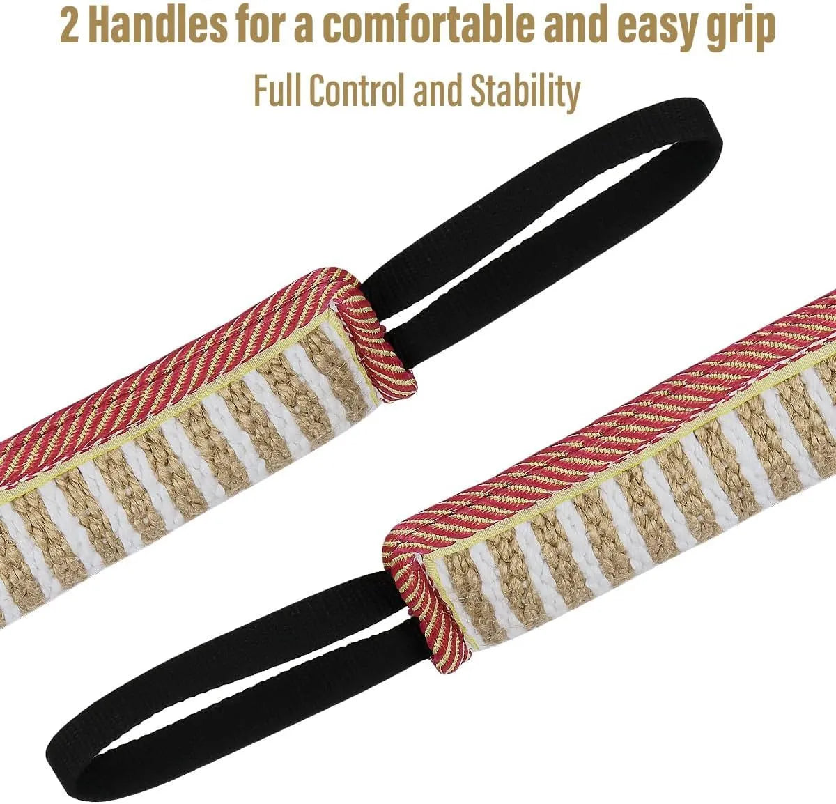 Beige and pink jute dog tug toy with two handles for tug-of-war training