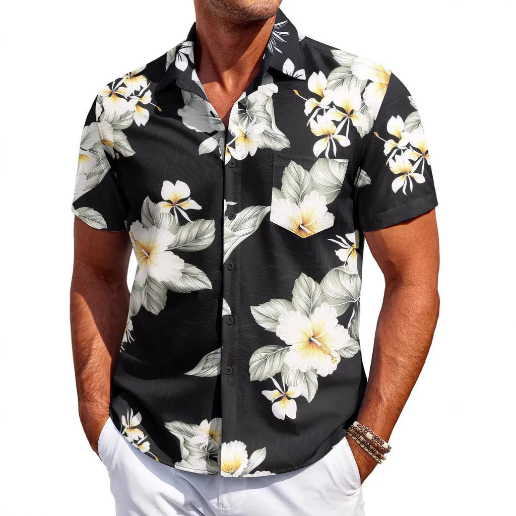 Man wearing a slim fit, short sleeve cardigan-style shirt in elastic polyester fabric.