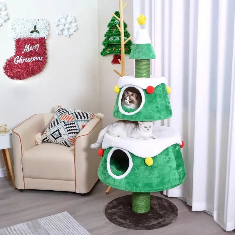 Green Christmas tree style cat nest and cat tree with sisal scratching surface, integrated climbing frame for indoor cats