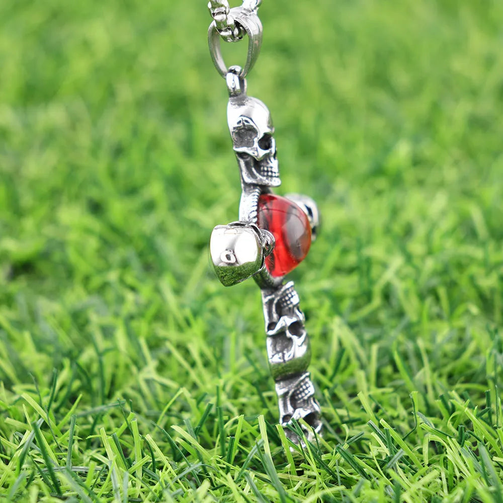 Stainless steel skull red eye cross polished pendant necklace with 60cm square pearl style chain