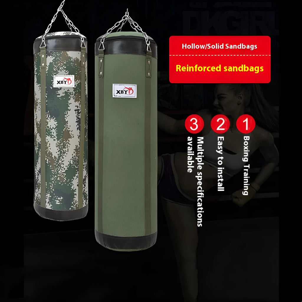Canvas hanging boxing sandbag in hollow 60cm to 120cm sizes, camouflage or canvas style