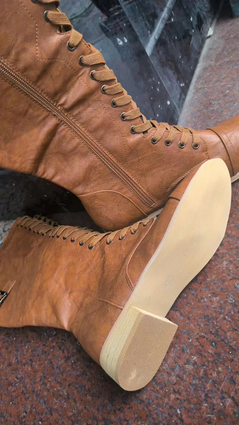 Women's knight boots with cross strap design in artificial PU material