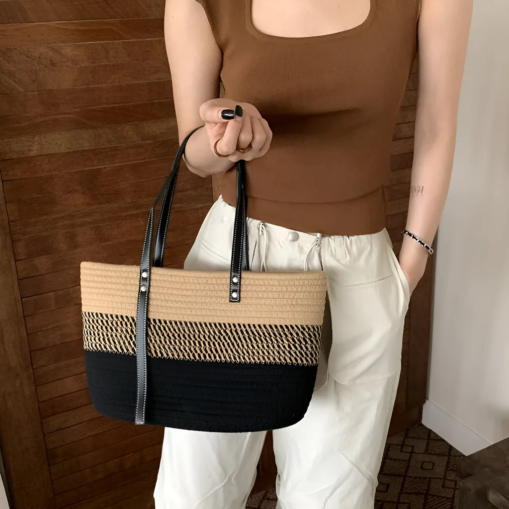 Hand woven cotton vegetable basket beach bag in oval shape with double shoulder straps