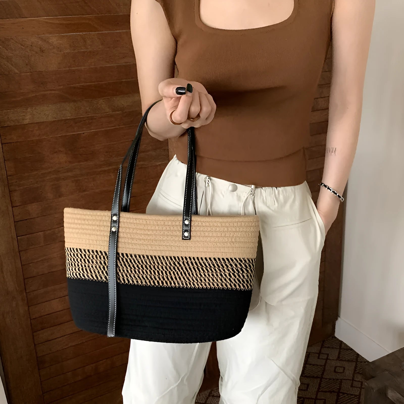 Hand woven cotton vegetable basket beach bag in oval shape with double shoulder straps