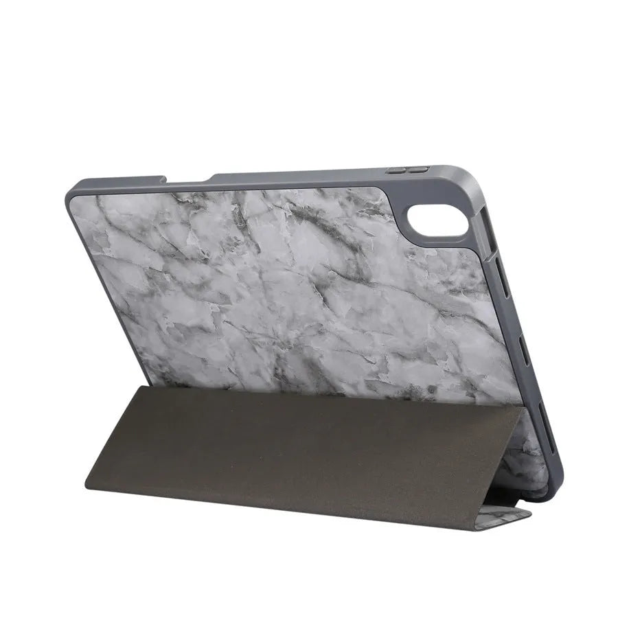 Tri-fold iPad case in dark grey imitation leather with a slot for an Apple Pencil