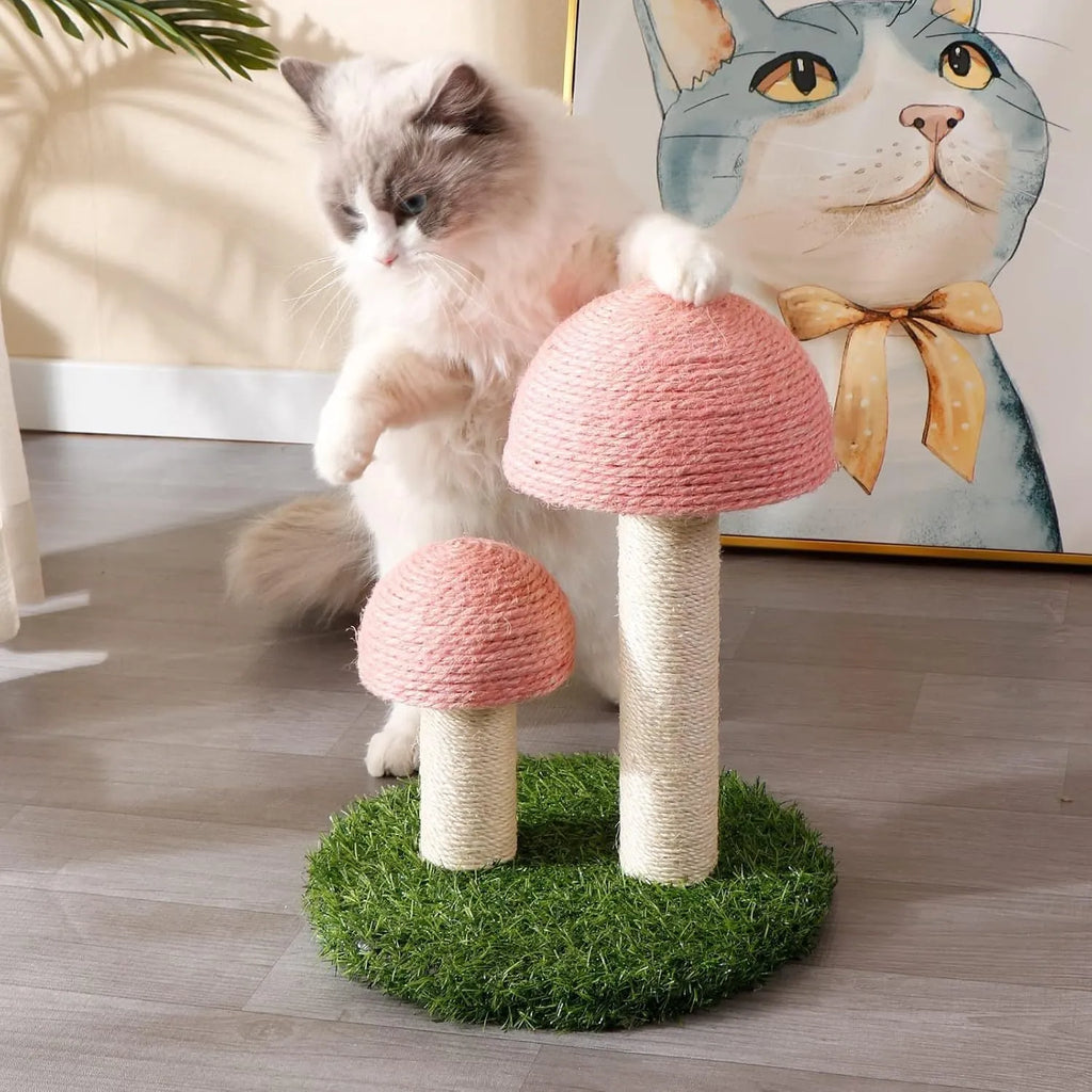 Pink mushroom-shaped cat scratching post with natural sisal caps and pole