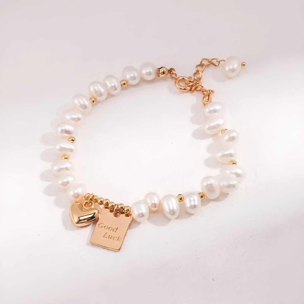 Women's artificial pearl bracelet with lucky square plate and heart charm, electroplated imitation pearl jewellery