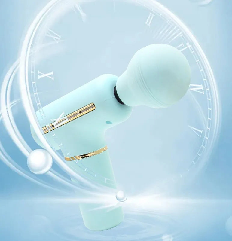Mini massage gun in green or pink with brushless motor, USB power, 20 x 16.5 x 5.6 cm size, and 327 g weight