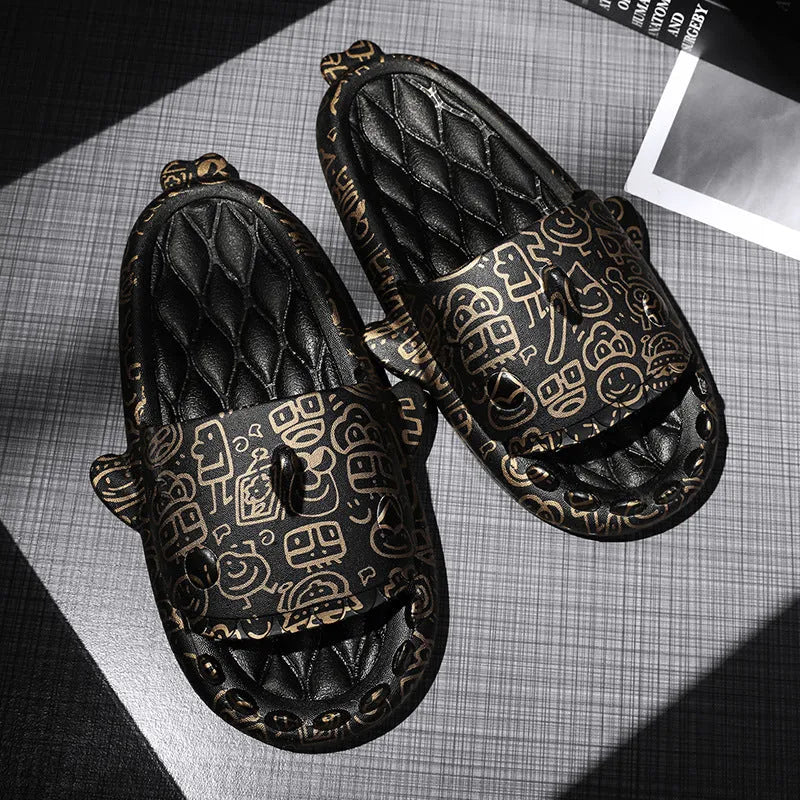 Pair of grey EVA foam open-toe slippers with a raised shark fin design on the front.