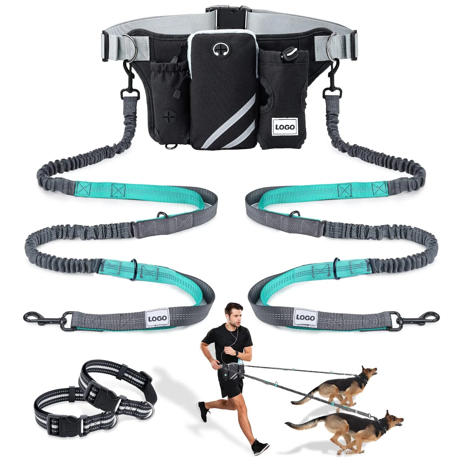 Black nylon pet training set showing waist bag with attached leash and matching dog collar