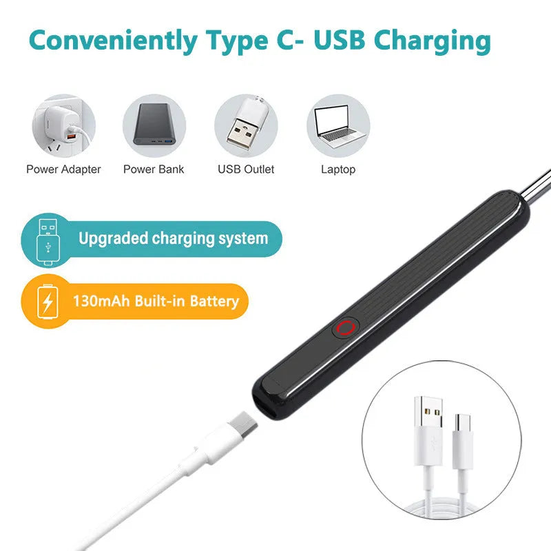NE3 wireless ear cleaner otoscope with camera, spoon heads, and charging cable on white background