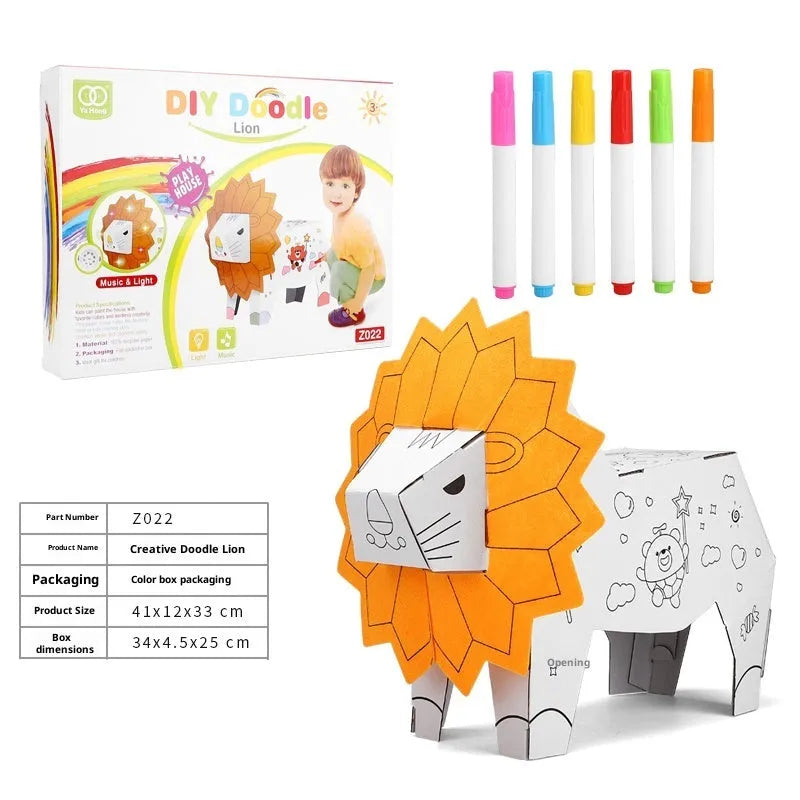 Handmade DIY three-dimensional carton paper model colour filling toy kit with graffiti castle design