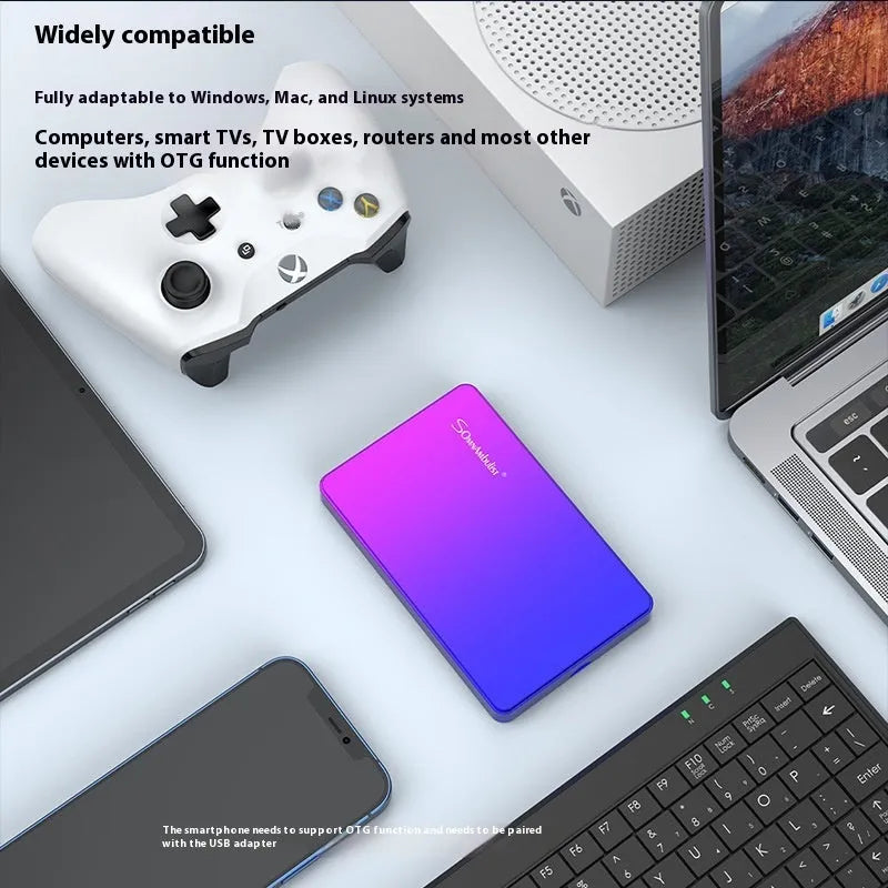 Purple portable external hard disk with USB cable and leather bag