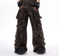 Korean-style camouflage denim vest and trouser set for adults on a model.