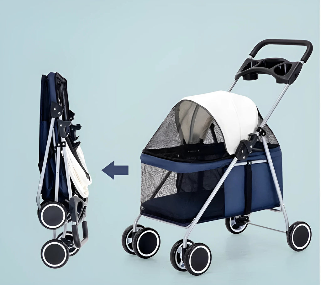 Folding pet stroller trolley with metal frame for cats dogs and rabbits in red black dark blue pink or brown