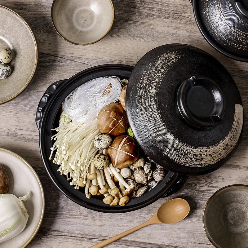 Ceramic stew pot with air-hole lid, single bottom, 8cm depth, for gas stove cooking in 2800ml, 1700ml or 900ml sizes