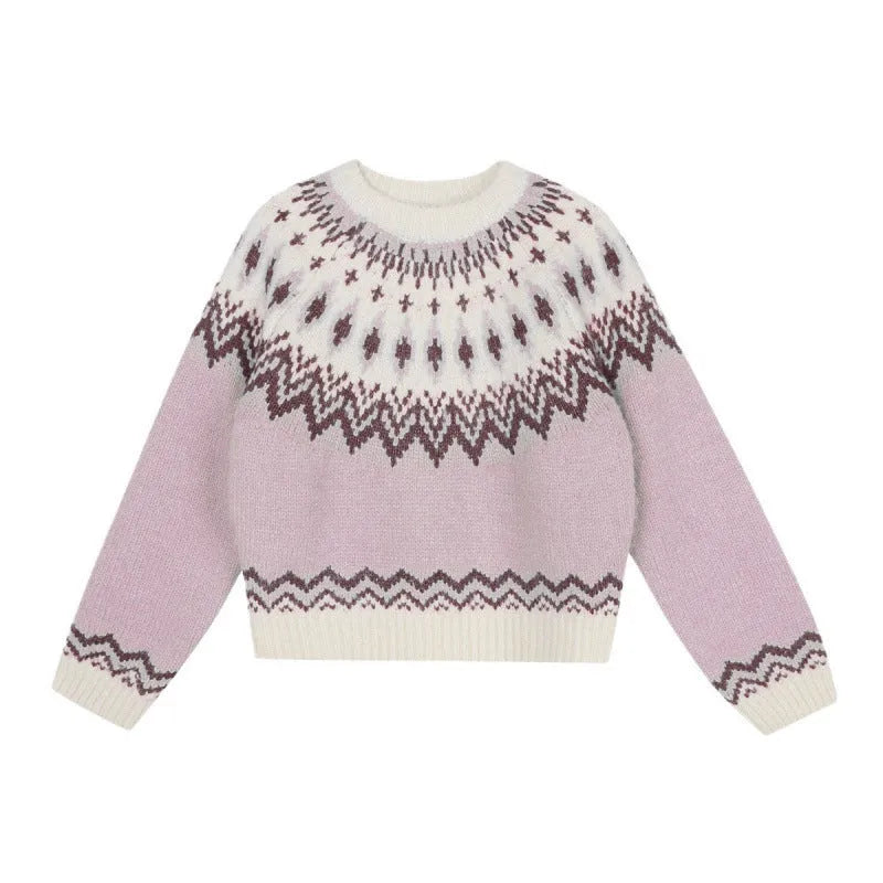 Women's geometric pattern contrast colour pullover sweater in pink, loose fit thick knit