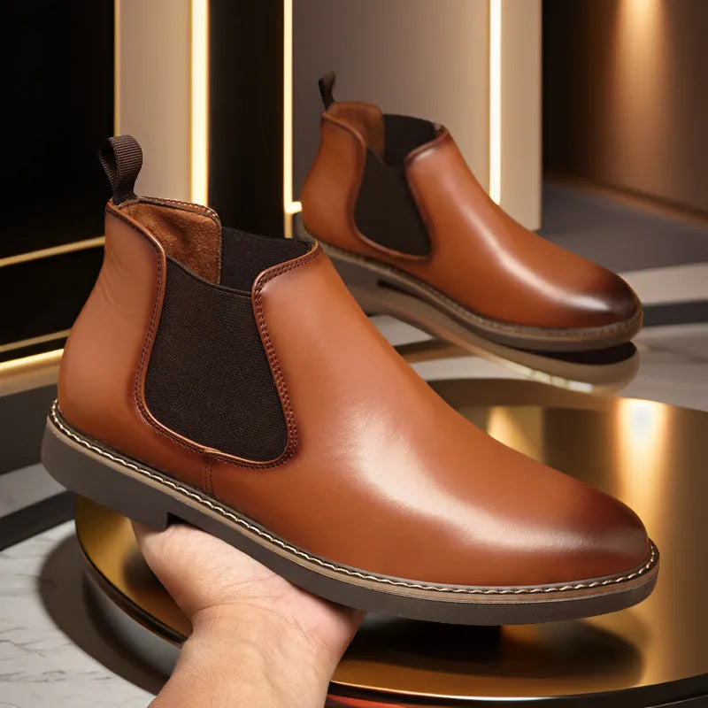 Men's black leather-look work boots with square heel and rubber sole shown in mid-calf design