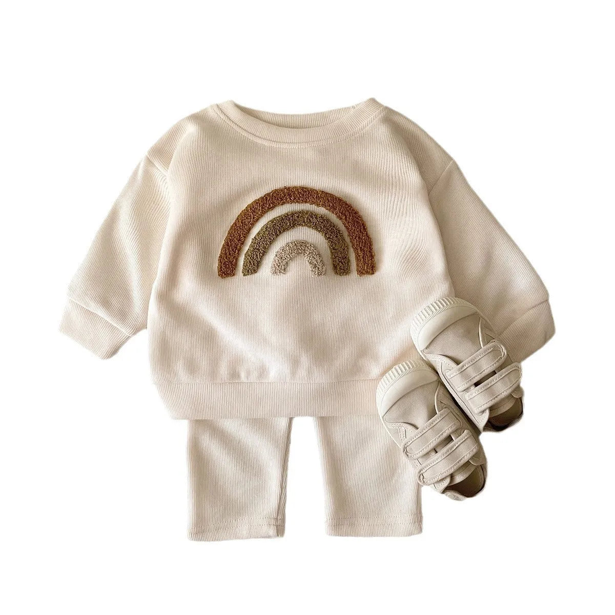 Creamy-white baby cotton two-piece suit with alphabet embroidery on long sleeve blouse and matching trousers