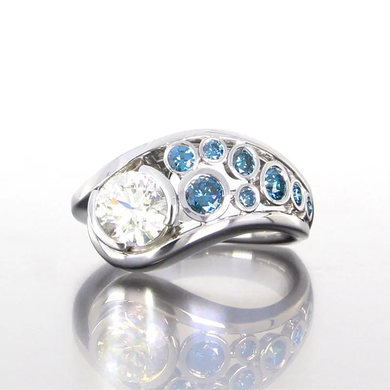 Geometric hollow diamond-inlaid zircon ring for women white gold colour copper retro round