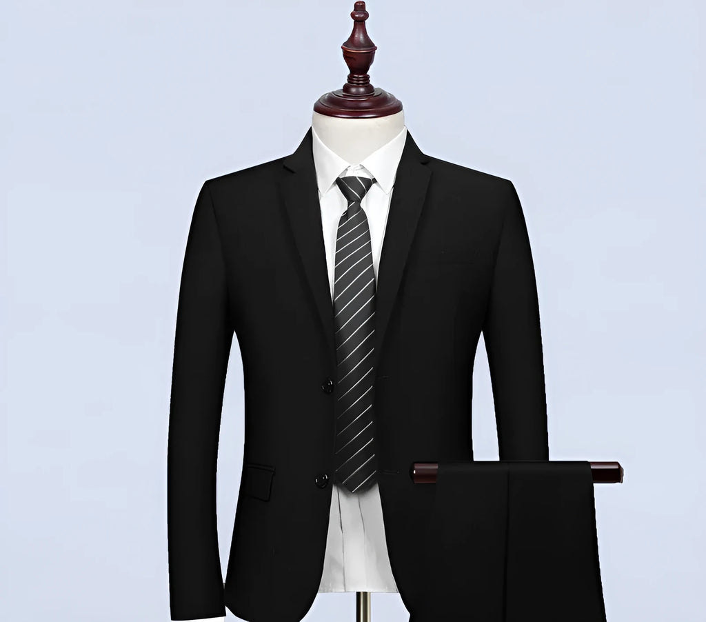 Men's slim fit business suit set with flat collar and back slit, acetate blend, eight style options, sizes S to 7XL