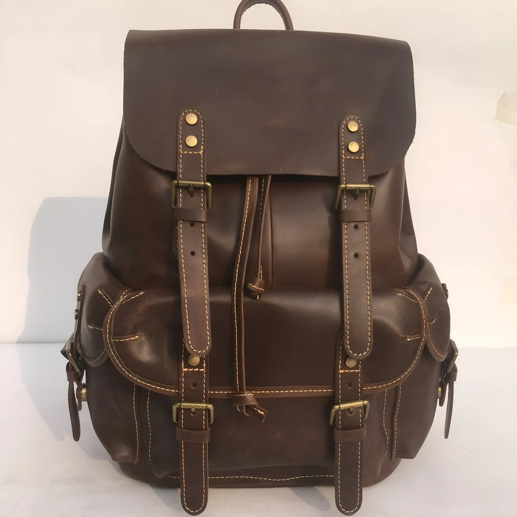 Brown men's genuine leather backpack with air pillow belt system and first layer cowhide construction