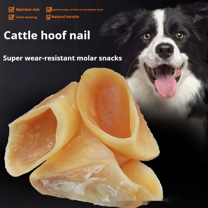 Natural cowhide dog chew grinding rod in hoof shell colour, shown in small and large sizes.