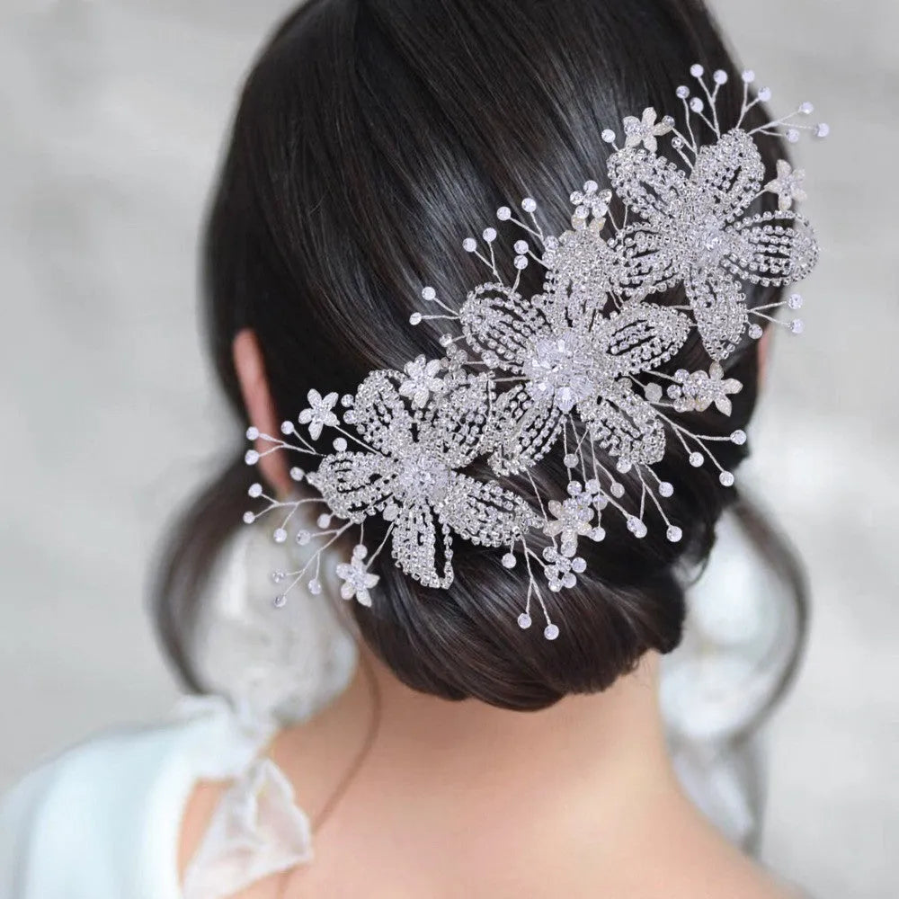 Silver bridal flower rhinestone hair band with plaid pattern on alloy headband