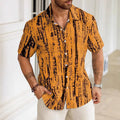 Man wearing a short sleeve striped shirt in a summer setting, showing apricot colour and digital print detail.