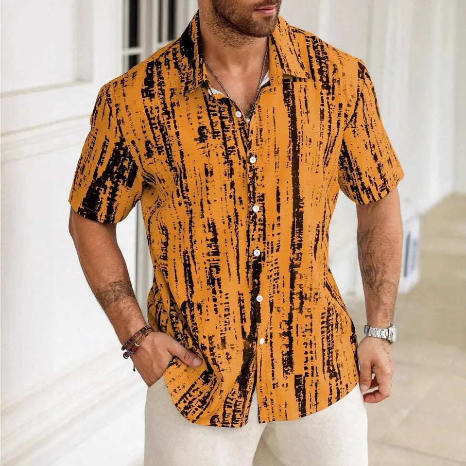 Man wearing a short sleeve striped shirt in a summer setting, showing apricot colour and digital print detail.