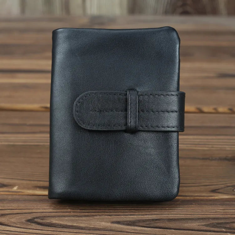 Brown genuine leather women's wallet with multiple card slots and sewing thread detail
