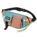 Men's casual crossbody sports canvas waist bag in black ribbon green lanyard with sewing thread detail