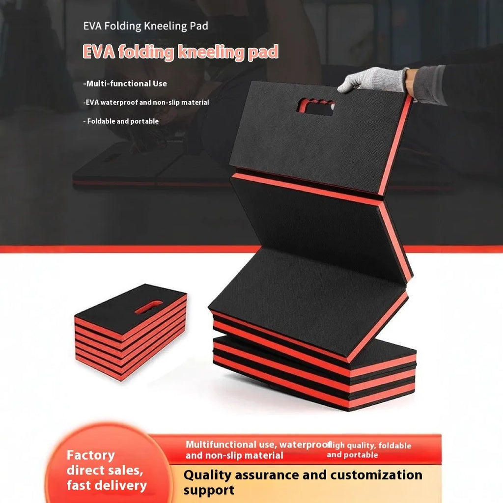 Black EVA foam folding kneeling mat for car repair showing folded and open positions