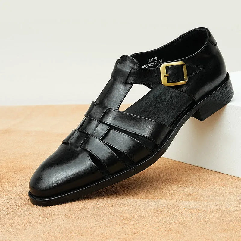Men's black and brown genuine leather retro sandals with pigskin lining on a rubber sole.