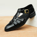 Men's black and brown genuine leather retro sandals with pigskin lining on a rubber sole.