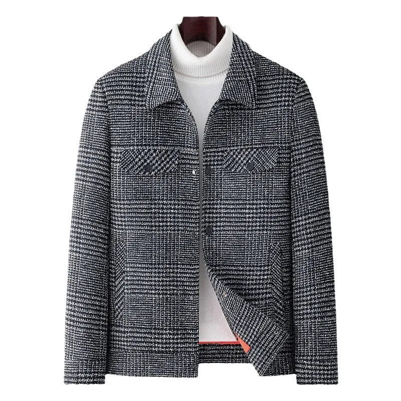 Autumn men's casual check lapel jacket in gray, loose fit with welt pocket, front view