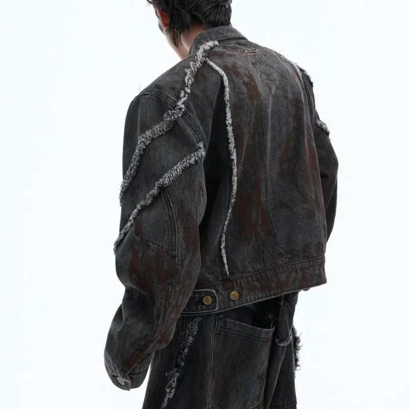 Black raw edge distressed denim coat and pants set with a splash-dyeing gradient pattern