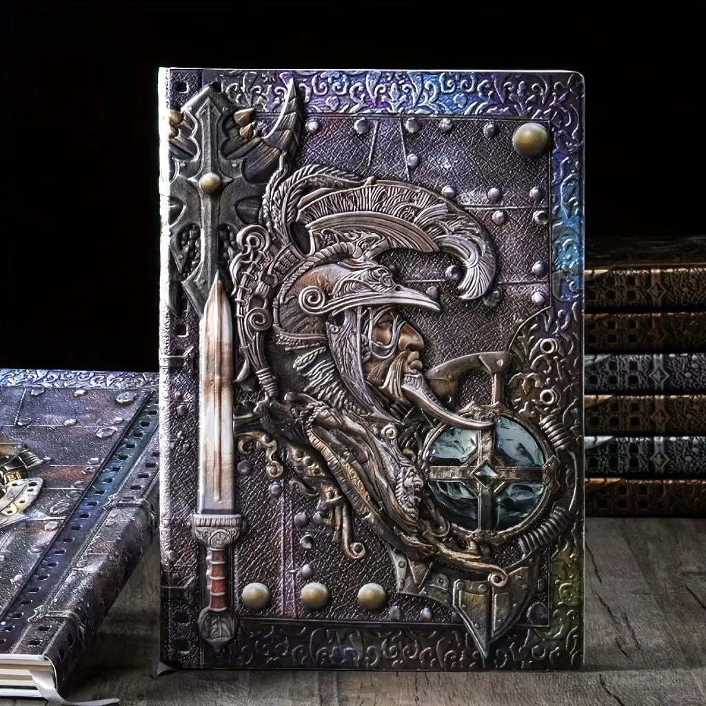 A5 leather notebook with 3D embossed warriors relief design on the cover, shown in bronze colour.