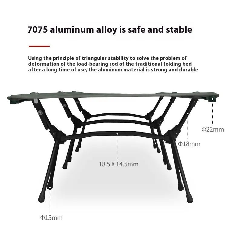 Steel frame portable folding bed in khaki colour with storage bag and components