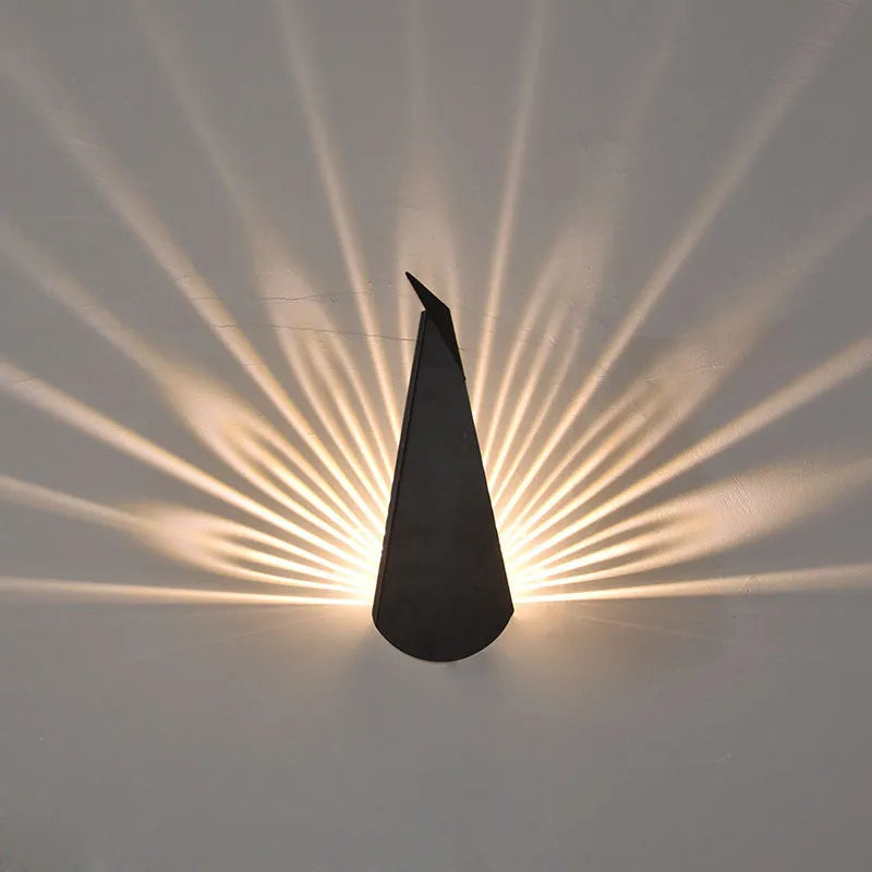 Peacock wall lamp with iron lampshade in Scandinavian style, warm light, shown in black, white, pink, blue, and gold