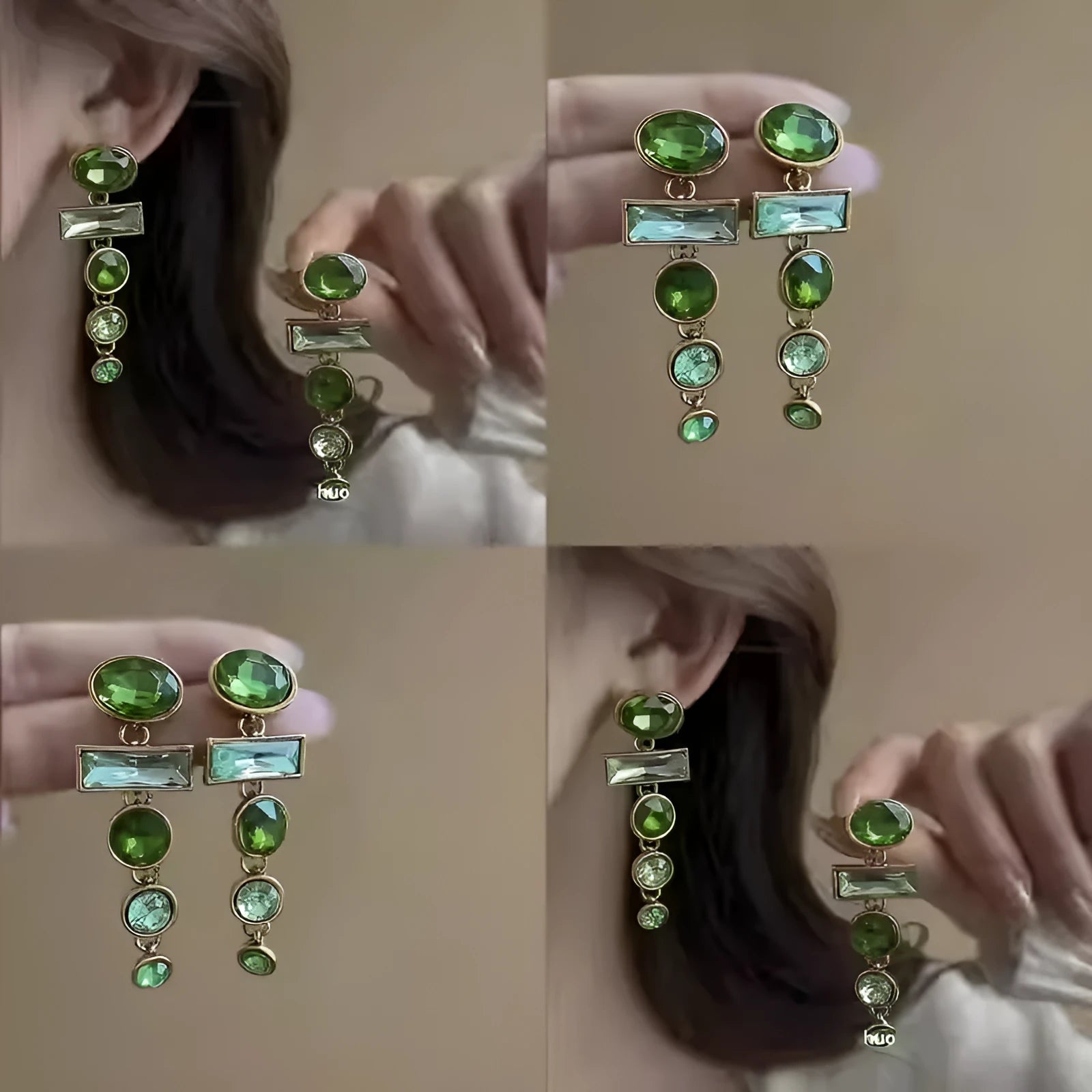 Pair of green gradient geometric ear studs with zircon details and a long tassel, on a white background.