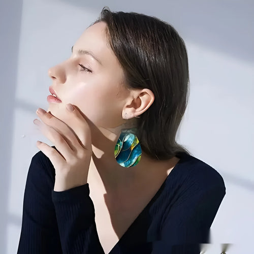 Acrylic drop earrings with geometric branch knot design and printed pattern details