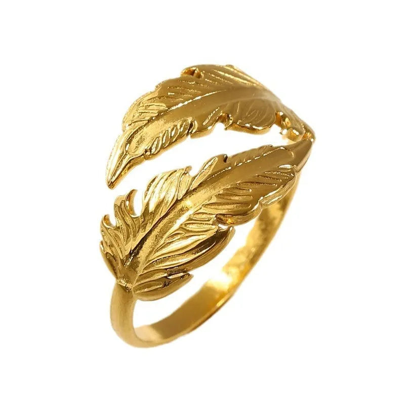 Adjustable stainless steel feather ring showing electroplated finish in silver or gold colour option
