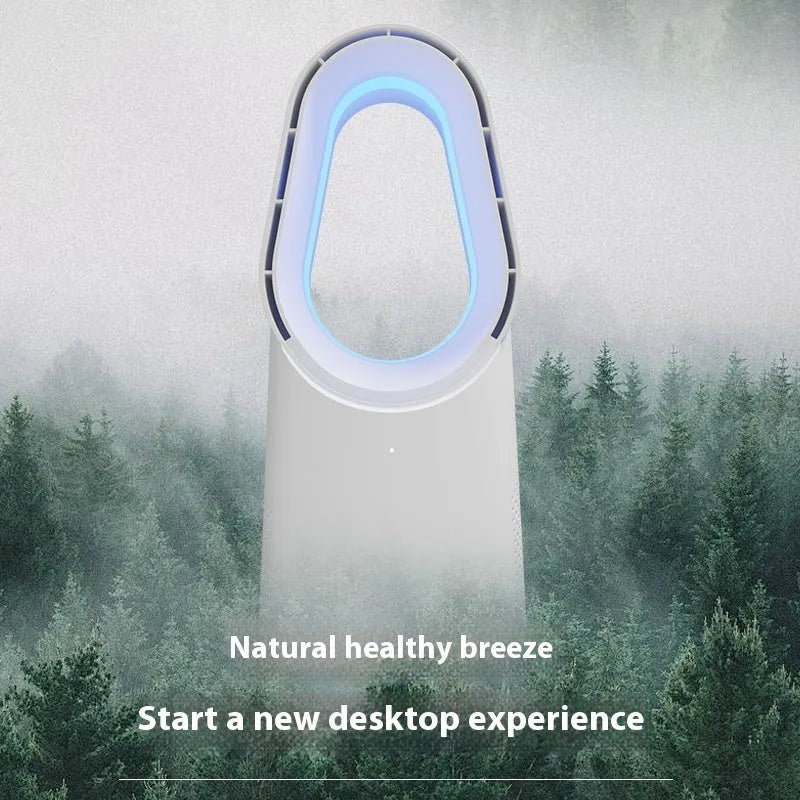 SK white bladeless tower fan with remote control on a wooden floor next to a desk.