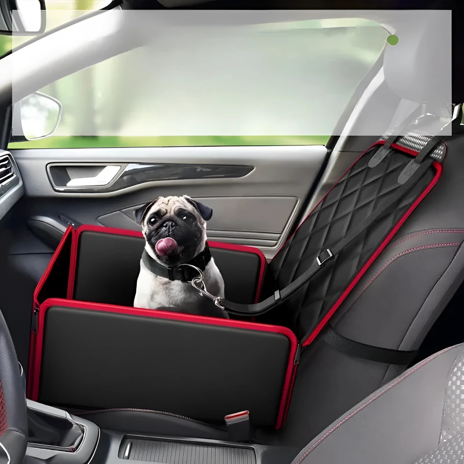 Large black dog car seat pad with non-slip base on a car front seat