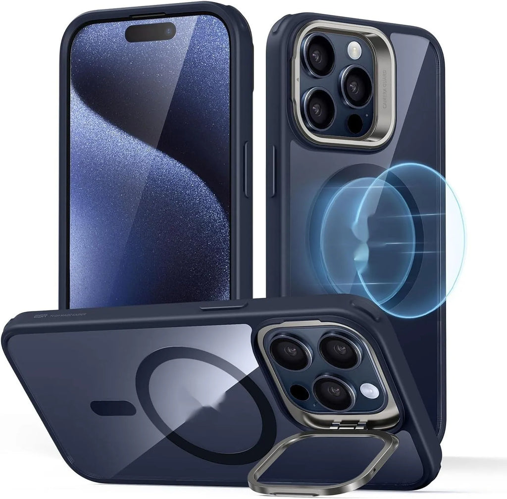 Magnetic phone case Qiahui with invisible bracket for iPhone 15 Pro Max, transparent white TPU