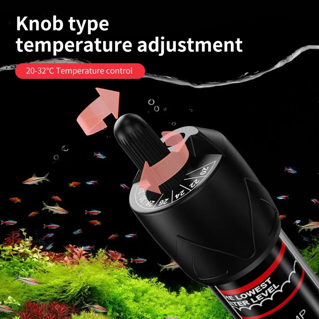 Aquarium glass pipe heater with quartz thermostat for fresh and sea water tanks, available in 25W to 300W.