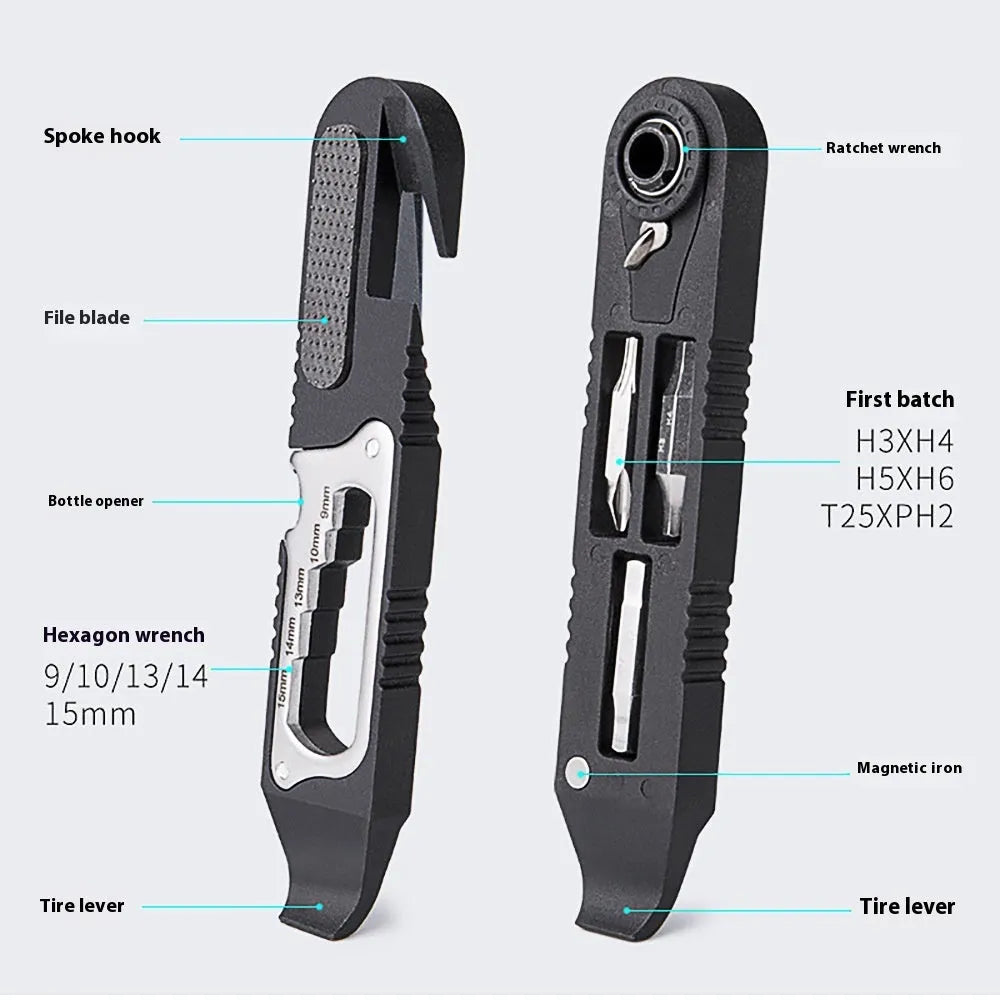 Multifunctional pry tire bar ratchet wrench in nylon tool steel, colour TL-TS02, specification TS02, for bicycle repair and carrying.