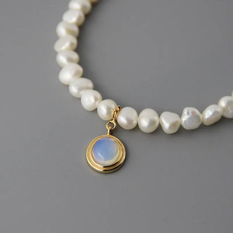 925 silver pearl necklace with irregular pendant and geometric extension chain